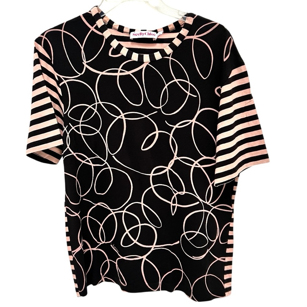 SEE BY CHLOE Black and White Graphic Boxy Tee Striped Nautical Artsy Coastal - Picture 10 of 16